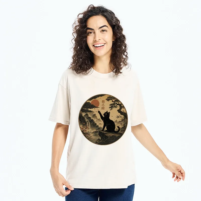 Tokyo-Tiger Serene Nature Scene Of Curious Ink Black Cat Washed T-Shirt
