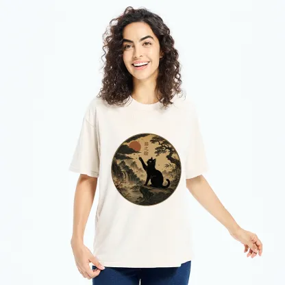 Tokyo-Tiger Serene Nature Scene Of Curious Ink Black Cat Washed T-Shirt