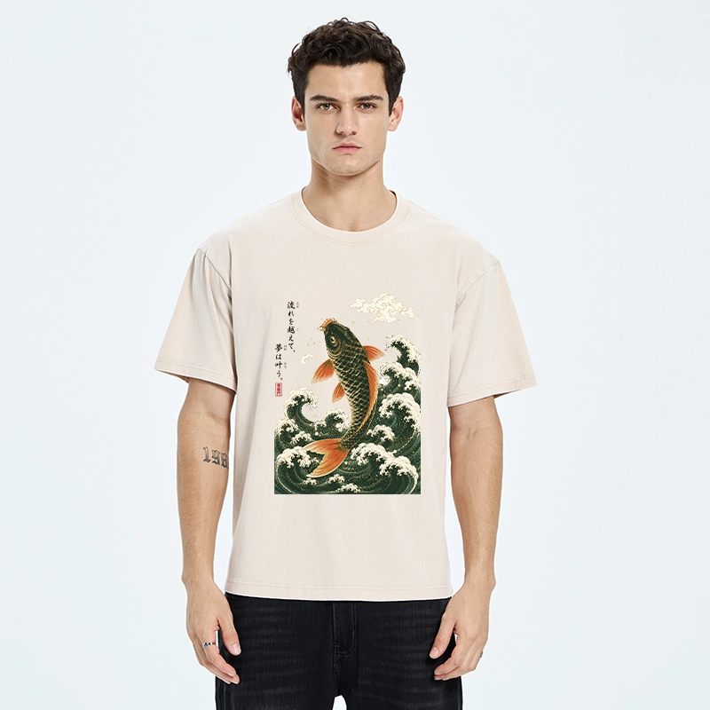 Tokyo-Tiger Japanese Koi Ascends Over Foamy Sea Waves Washed T-Shirt