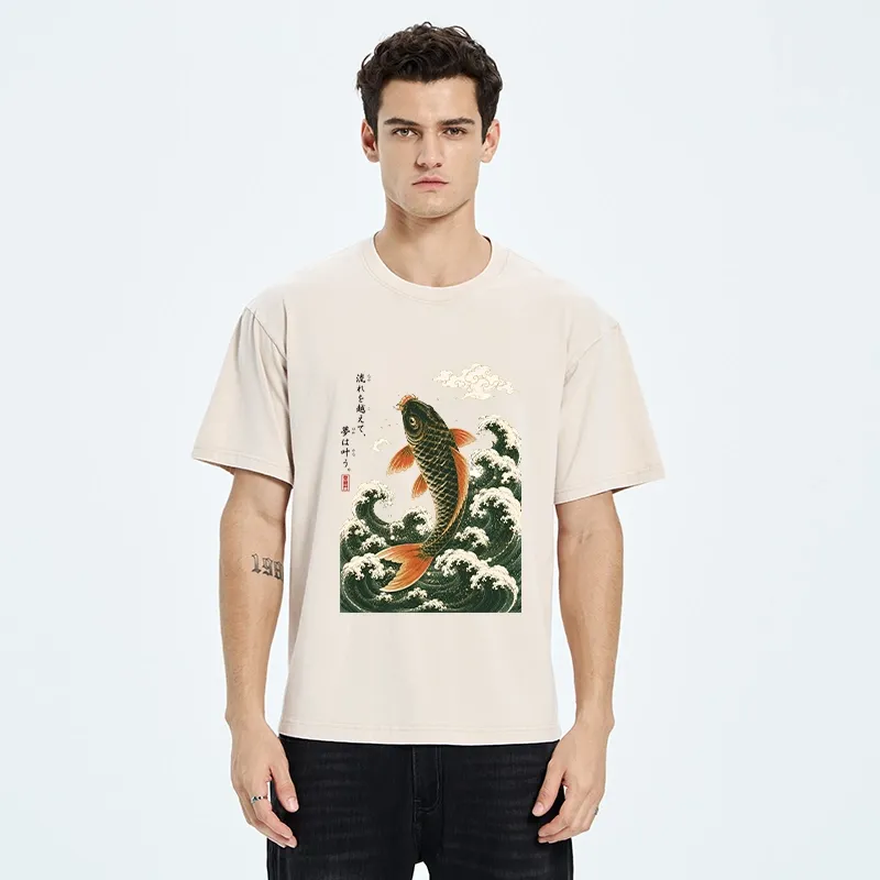 Tokyo-Tiger Japanese Koi Ascends Over Foamy Sea Waves Washed T-Shirt