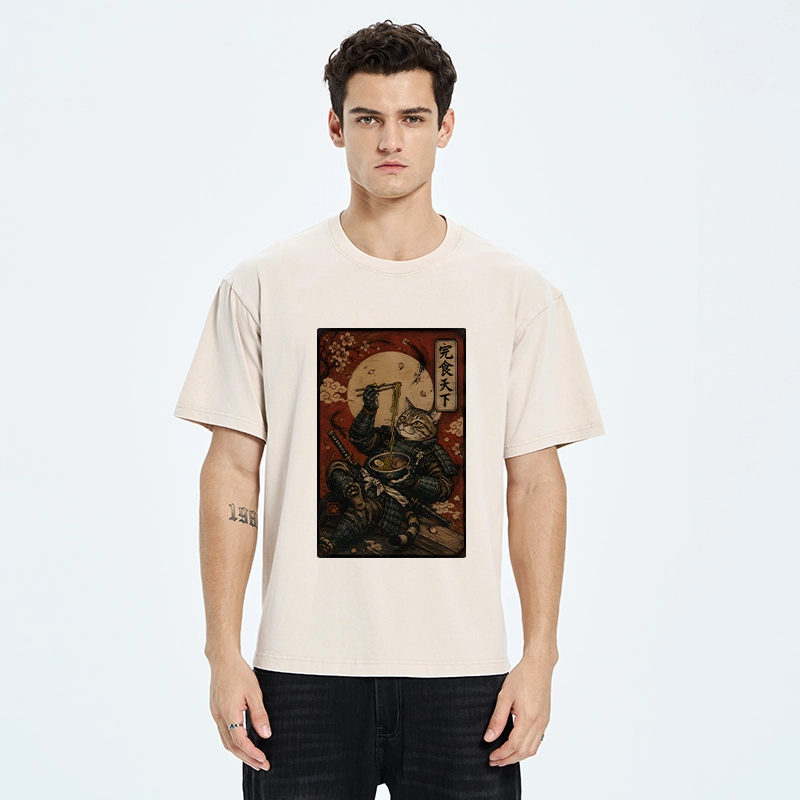 Tokyo-Tiger Bushido Cat Takes A Cozy Ramen Break Washed T-Shirt