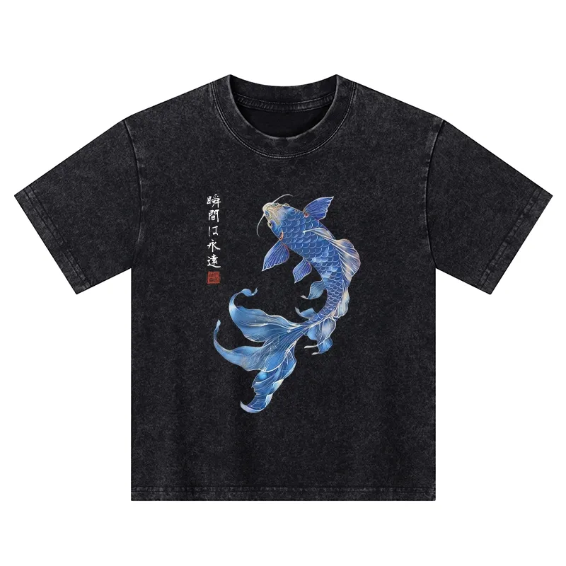 Tokyo-Tiger Lucky Blue Koi Fish Art Kids Washed T-Shirt