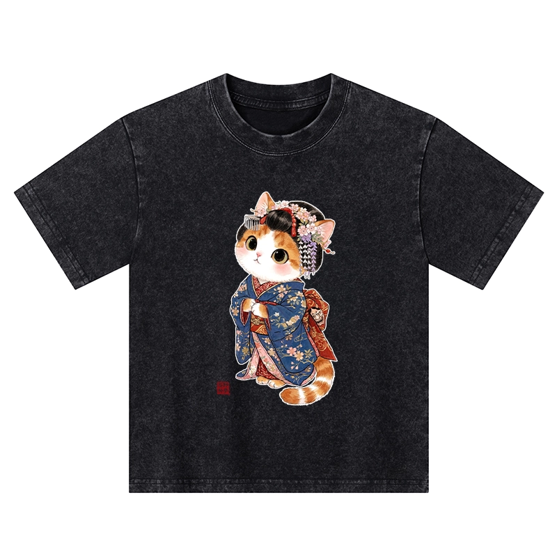 Tokyo-Tiger Cat Dressed As A Geisha Funny Kids Washed T-Shirt