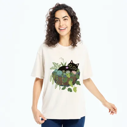 Tokyo-Tiger Cat Relaxing Inside Flower Pot Washed T-Shirt