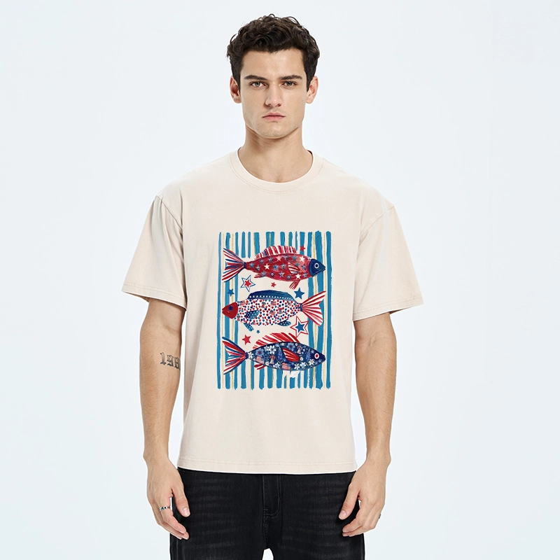 Tokyo-Tiger Vibrant Independence Day Star Decorated Fish Washed T-Shirt