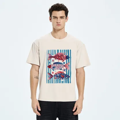 Tokyo-Tiger Vibrant Independence Day Star Decorated Fish Washed T-Shirt