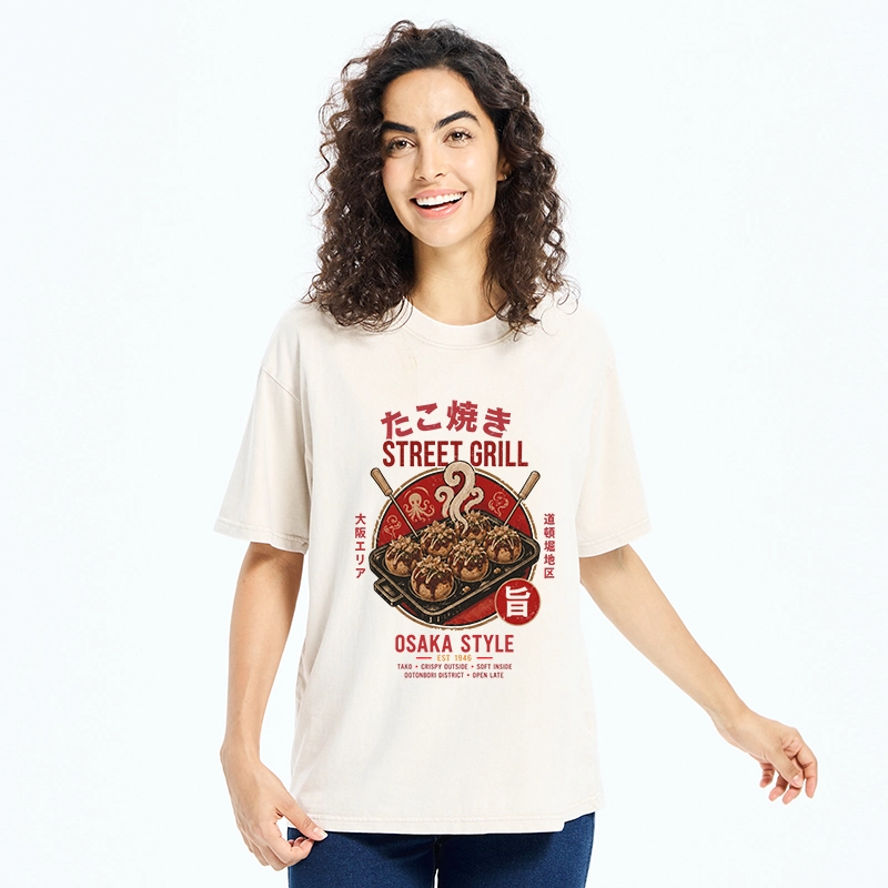 Tokyo-Tiger Osaka Takoyaki Street Grill Art Washed T-Shirt