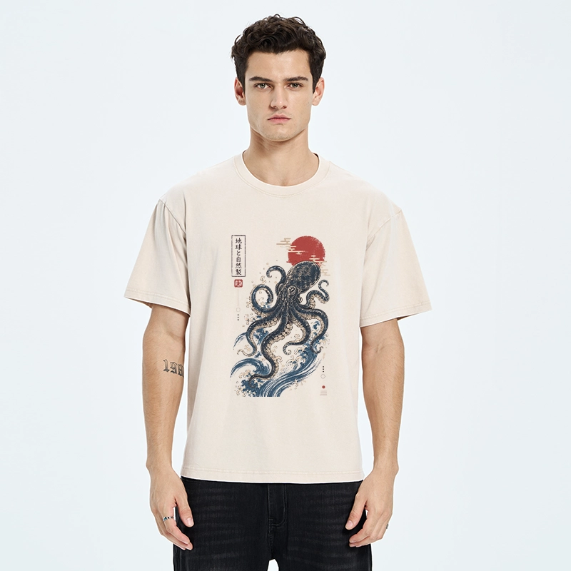 Tokyo-Tiger Traditional Japanese Wave Red Sun Octopus Washed T-Shirt