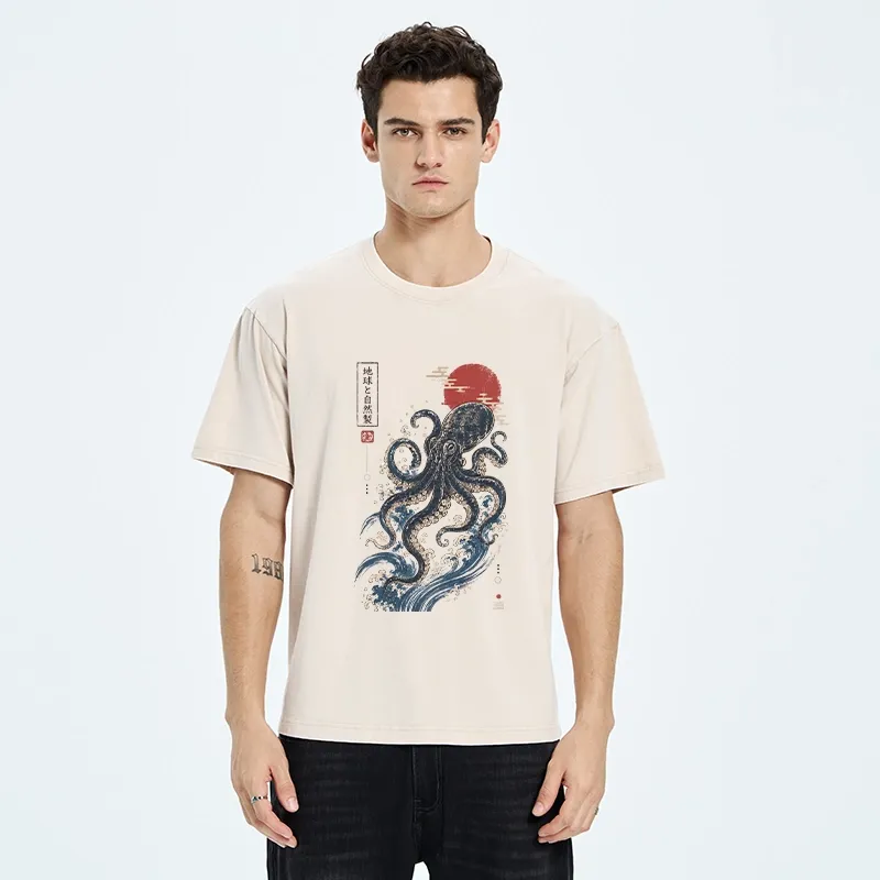 Tokyo-Tiger Traditional Japanese Wave Red Sun Octopus Washed T-Shirt