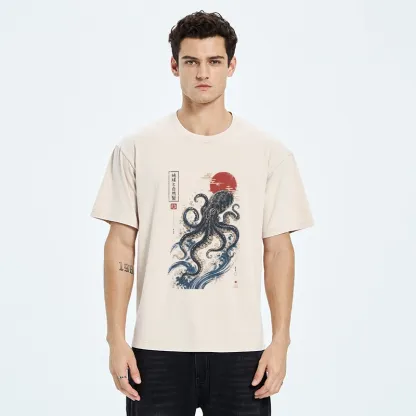 Tokyo-Tiger Traditional Japanese Wave Red Sun Octopus Washed T-Shirt