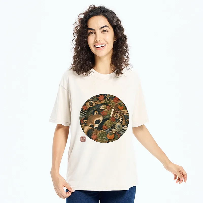 Tokyo-Tiger Sleepy Raccoon Enjoys Autumn Sake Break Washed T-Shirt