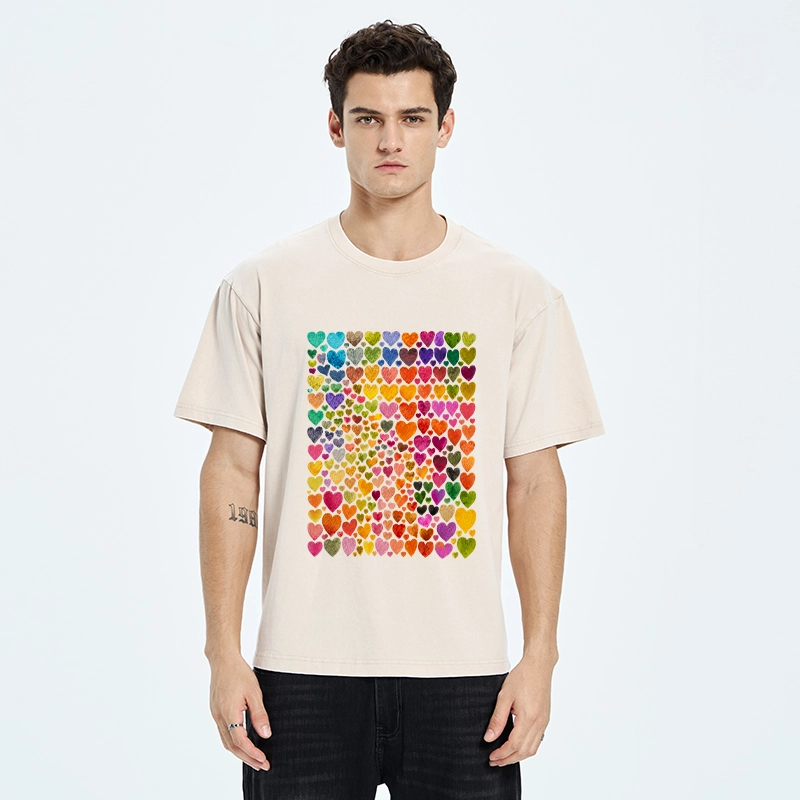 Tokyo-Tiger Rainbow Hearts Fill Full Art Grid Washed T-Shirt