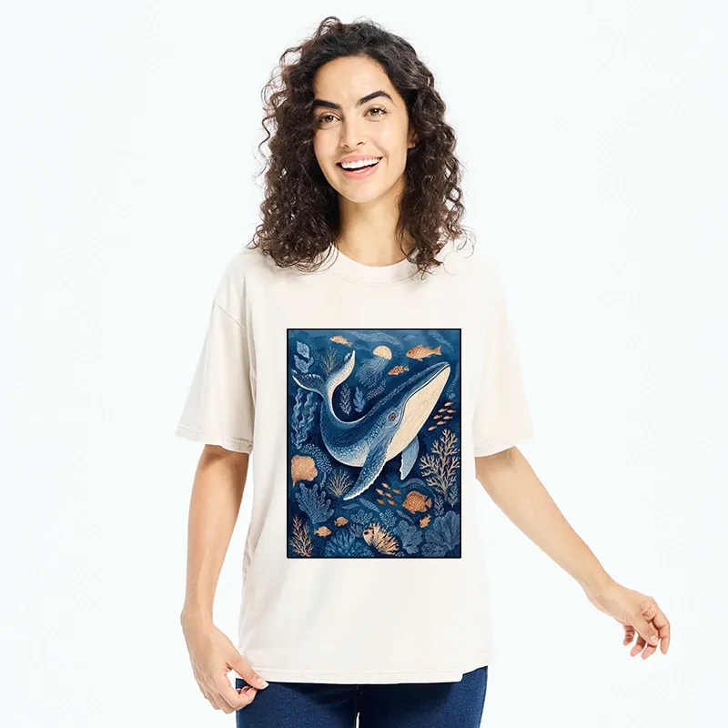 Tokyo-Tiger Blue Whale Under The Sea Washed T-Shirt