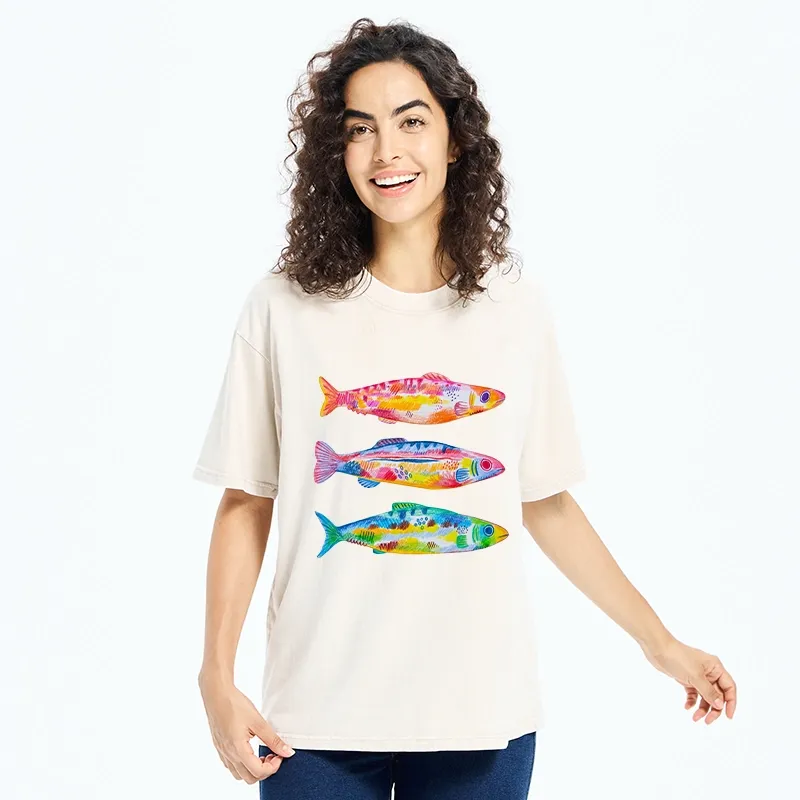 Tokyo-Tiger Colorful Hand Drawn Fish Washed T-Shirt