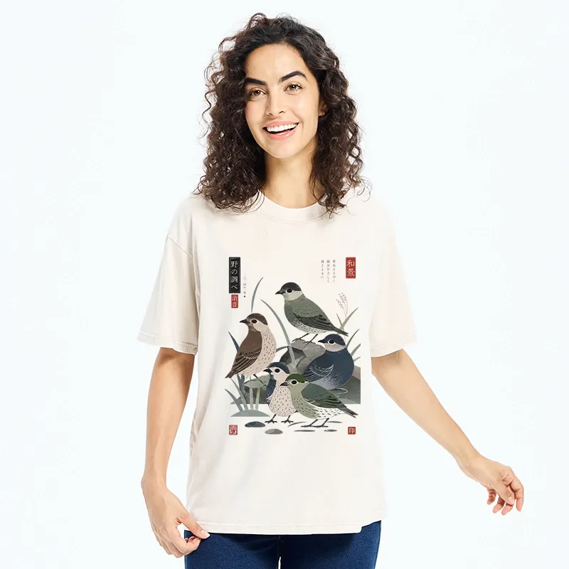 Tokyo-Tiger Cute Little Birds Japanese Folk Print Washed T-Shirt