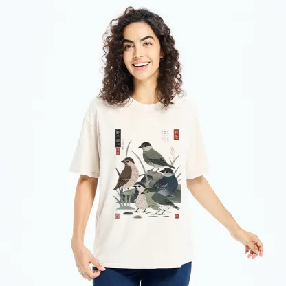 Tokyo-Tiger Cute Little Birds Japanese Folk Print Washed T-Shirt