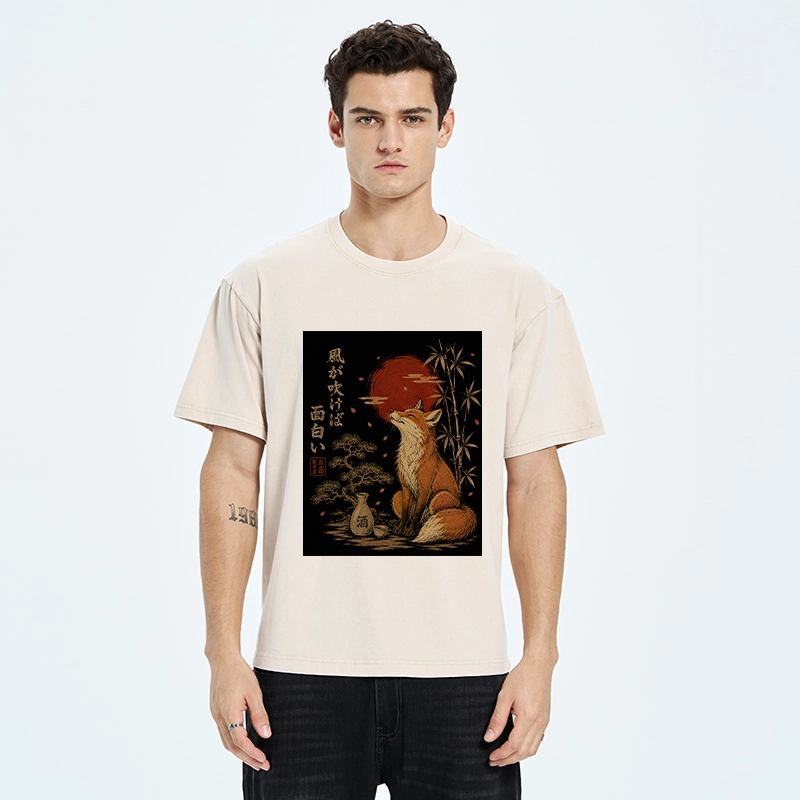 Tokyo-Tiger Zen Fox Enjoying The Night Air Washed T-Shirt