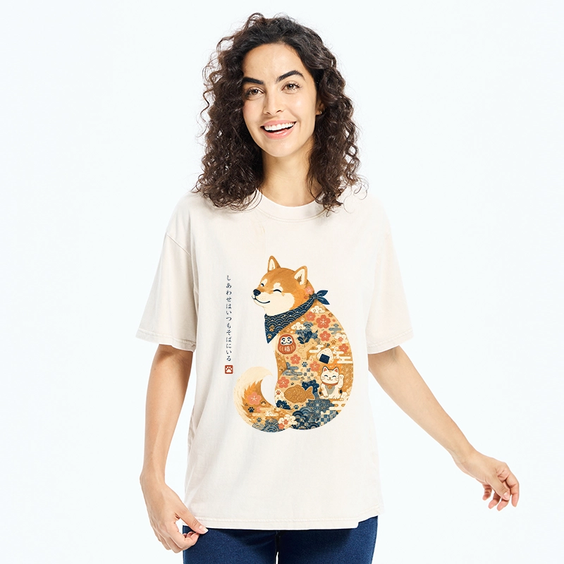 Tokyo-Tiger Cute Shiba Inu Wearing Traditional Kimono Washed T-Shirt
