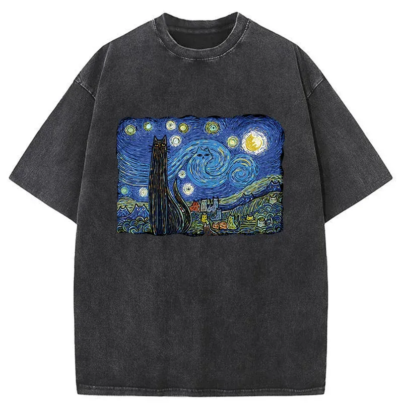 Tokyo-Tiger Cat Under The Starry Night Washed T-Shirt