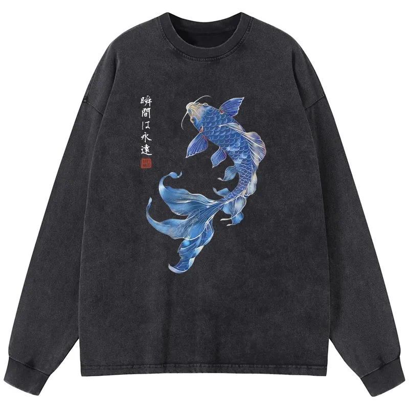 Tokyo-Tiger Lucky Blue Koi Fish Art Washed Long Sleeve T-Shirt