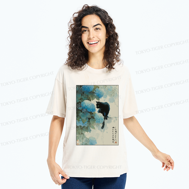 Tokyo-Tiger Like This Flower, We All Die-Hydrangea&Cat Washed T-Shirt