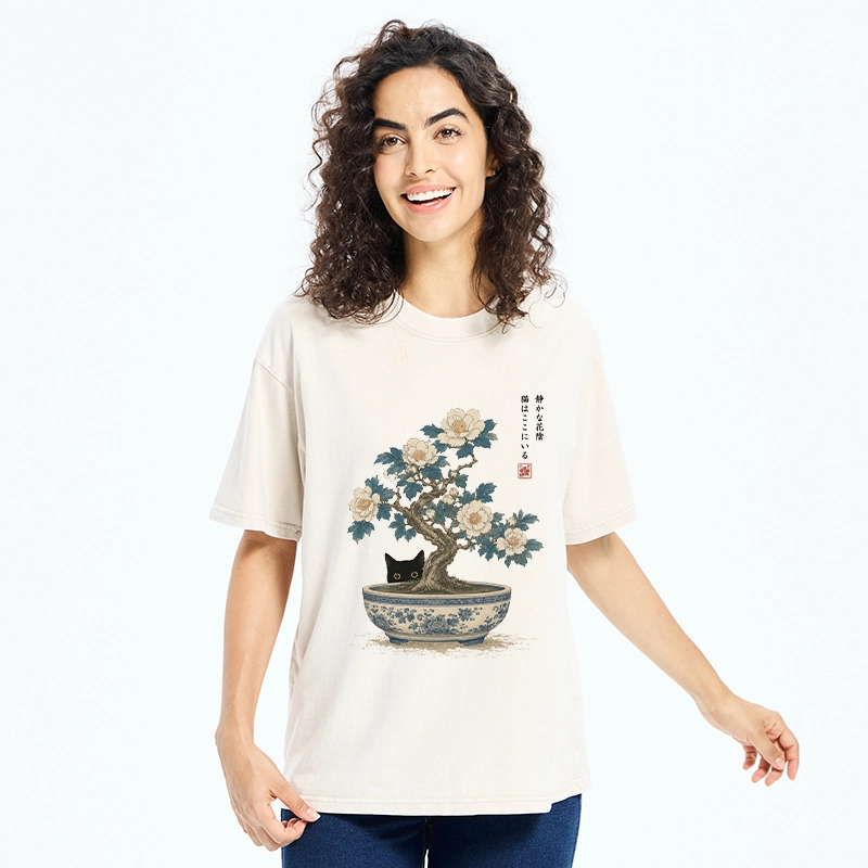 Tokyo-Tiger Black Cat Hiding In The Bonsai Washed T-Shirt