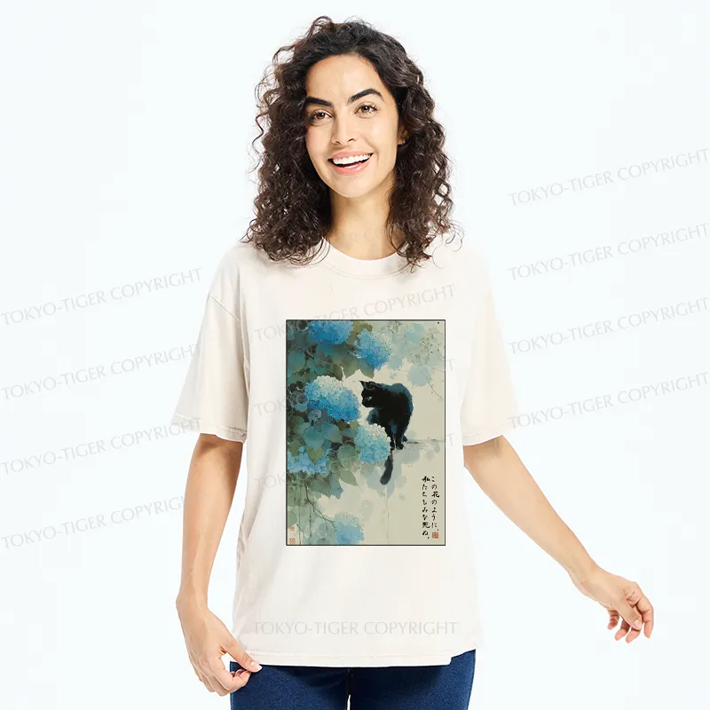 Tokyo-Tiger Like This Flower, We All Die-Hydrangea&Cat Washed T-Shirt