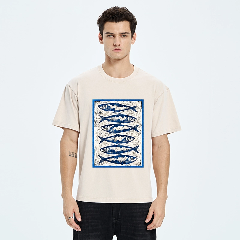 Tokyo-Tiger Vintage Block Print Ocean Fish Washed T-Shirt