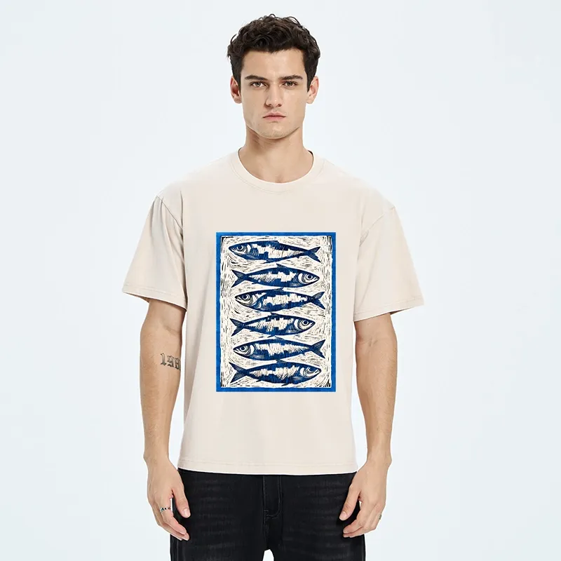 Tokyo-Tiger Vintage Block Print Ocean Fish Washed T-Shirt