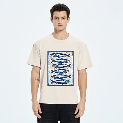 Tokyo-Tiger Vintage Block Print Ocean Fish Washed T-Shirt
