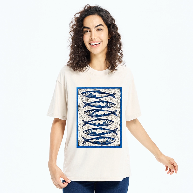 Tokyo-Tiger Vintage Block Print Ocean Fish Washed T-Shirt