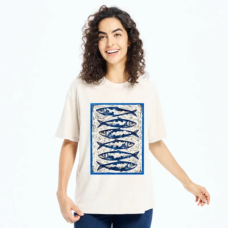 Tokyo-Tiger Vintage Block Print Ocean Fish Washed T-Shirt
