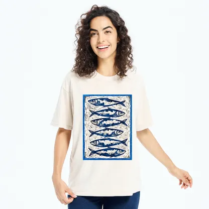 Tokyo-Tiger Vintage Block Print Ocean Fish Washed T-Shirt
