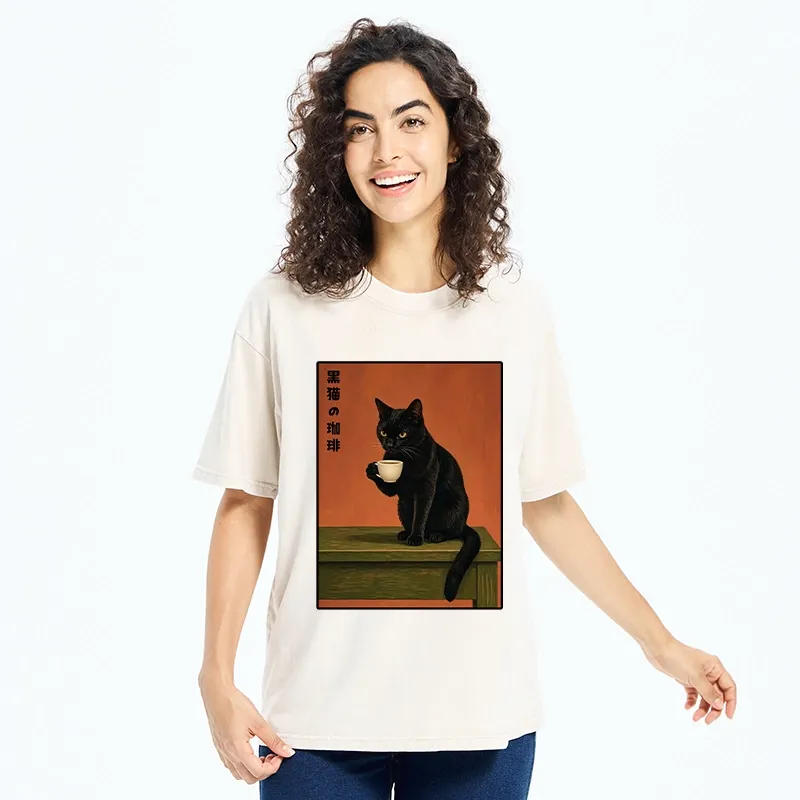 Tokyo-Tiger Retro Art Cat Sips Warm Coffee Washed T-Shirt