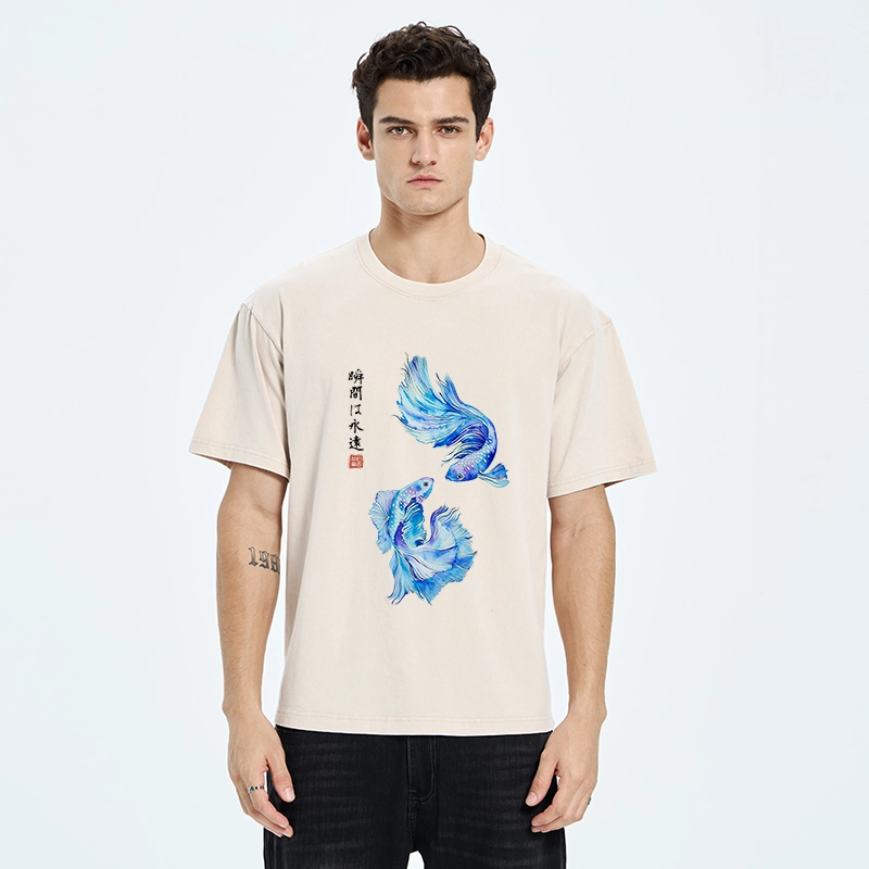 Tokyo-Tiger Japanese Watercolor Pair Betta Fish Washed T-Shirt