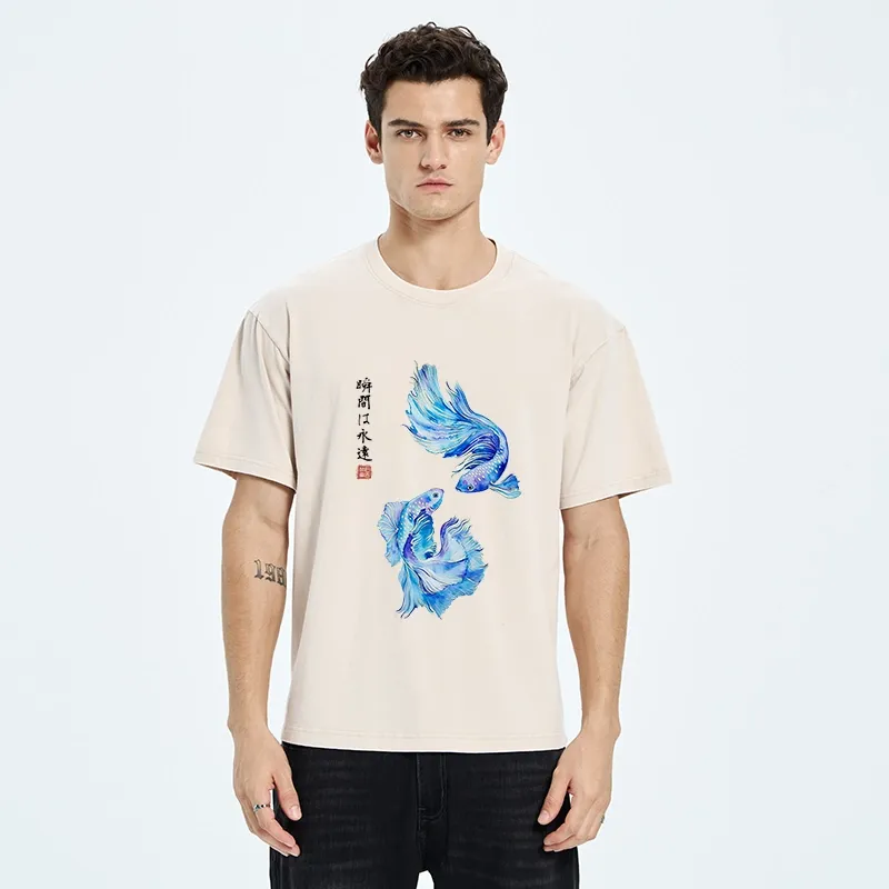Tokyo-Tiger Japanese Watercolor Pair Betta Fish Washed T-Shirt