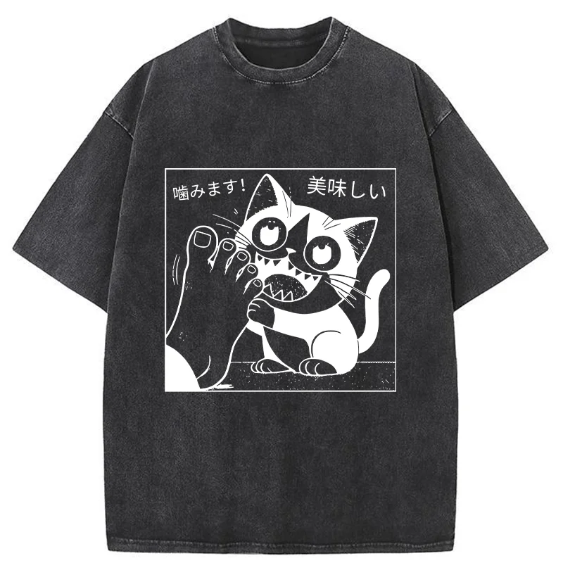 Tokyo-Tiger Cat Chewing Human Feet Washed T-Shirt