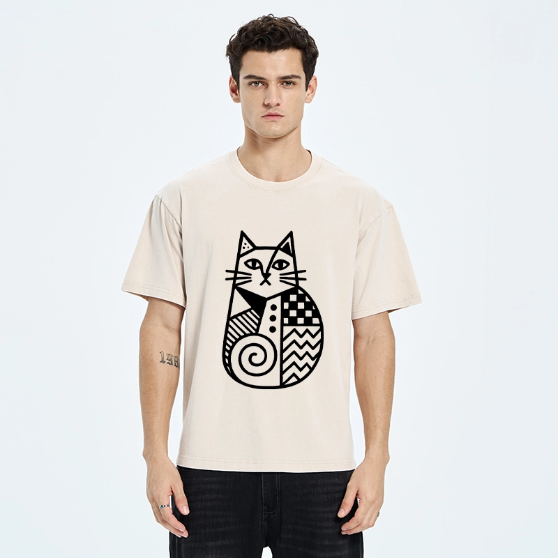 Tokyo-Tiger Simple Folk Art Patterned Cat Washed T-Shirt