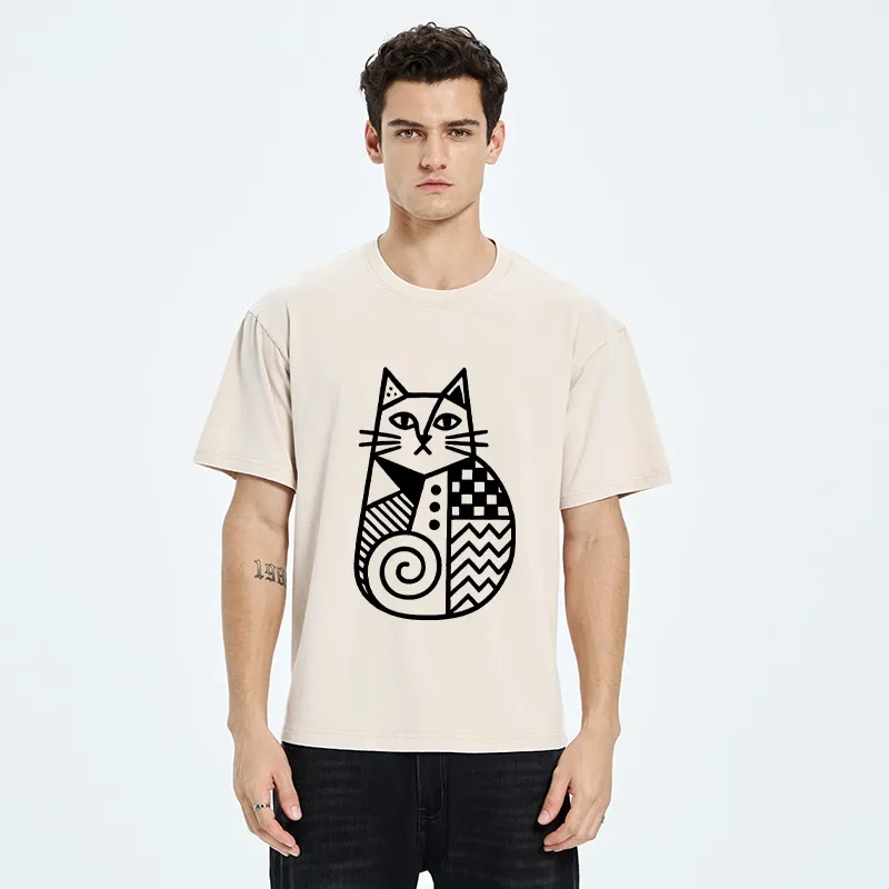 Tokyo-Tiger Simple Folk Art Patterned Cat Washed T-Shirt