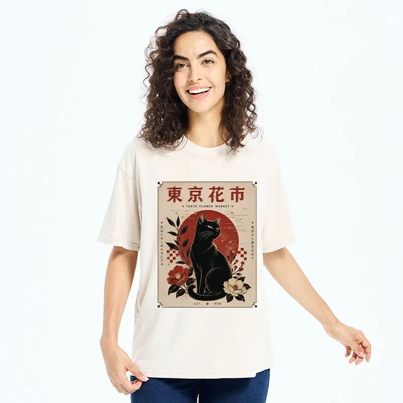 Tokyo-Tiger Tokyo Flower Market Cat Washed T-Shirt