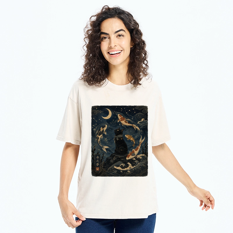Tokyo-Tiger Black Cat And Koi Fish Washed T-Shirt