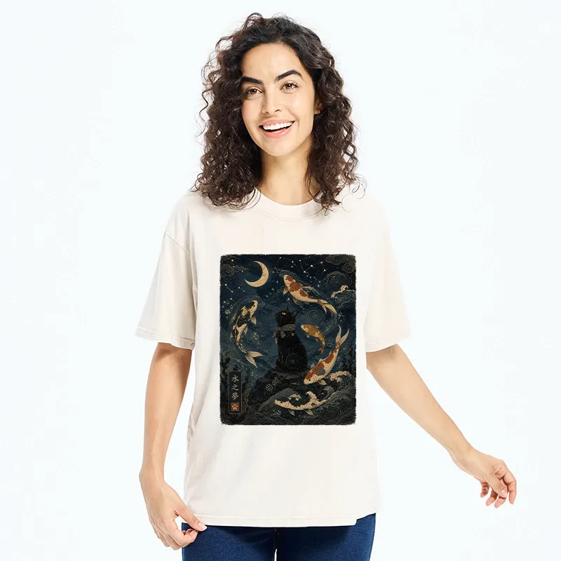 Tokyo-Tiger Black Cat And Koi Fish Washed T-Shirt