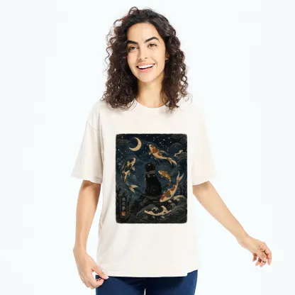 Tokyo-Tiger Black Cat And Koi Fish Washed T-Shirt