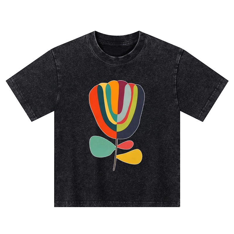 Tokyo-Tiger Colorful Flower Minimalist Print Kids Washed T-Shirt