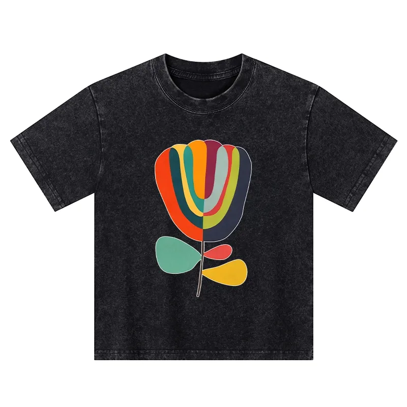 Tokyo-Tiger Colorful Flower Minimalist Print Kids Washed T-Shirt