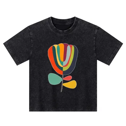 Tokyo-Tiger Colorful Flower Minimalist Print Kids Washed T-Shirt