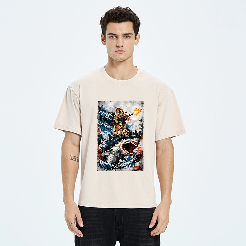 Tokyo-Tiger Cat Riding A Shark With A Gun Washed T-Shirt