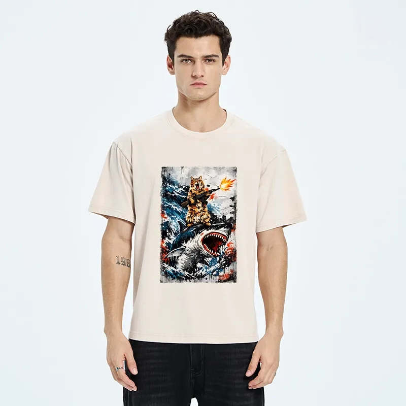 Tokyo-Tiger Cat Riding A Shark With A Gun Washed T-Shirt