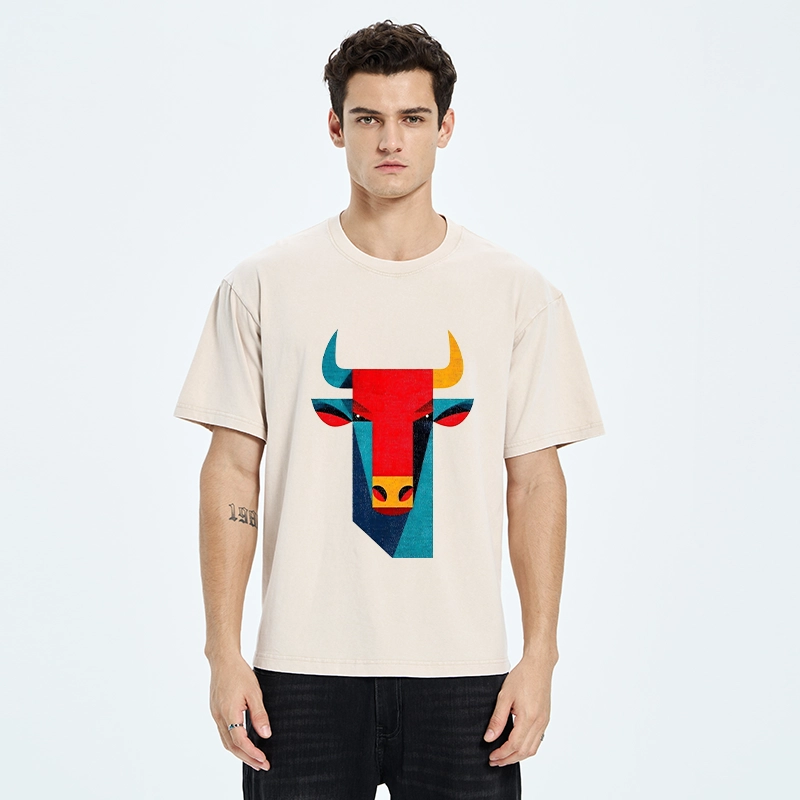 Tokyo-Tiger Geometric Bull Head Art Washed T-Shirt
