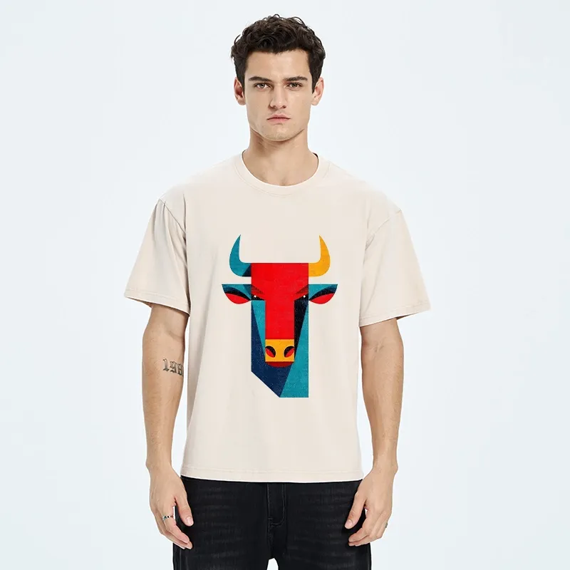 Tokyo-Tiger Geometric Bull Head Art Washed T-Shirt